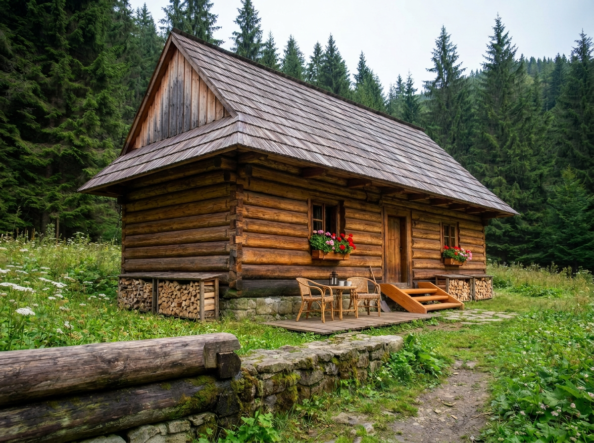 Celá drevená chata v lese so šindľovou strechou, okná s muškátmi, terasa so sedením, pripravené drevo, kamenný sokel a spodný veniec s vlhkosťou a machom v popredí
